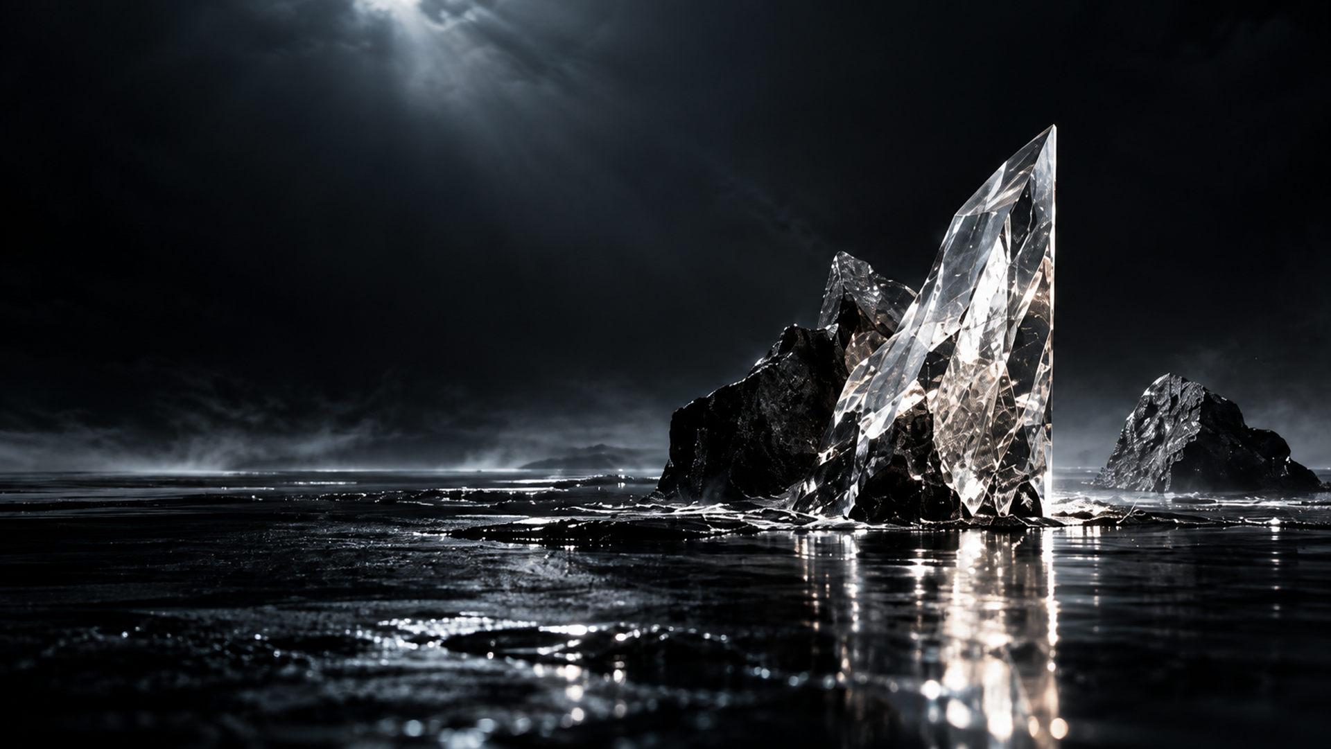 暗い水面に立つ透明な結晶